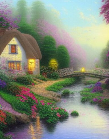 A cottage by a river with vivid flowers