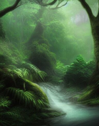 A curve stream running through green forest