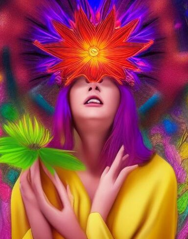 A digital 2D fantasy psychedelic artwork painting of a woman holding a laughing flower