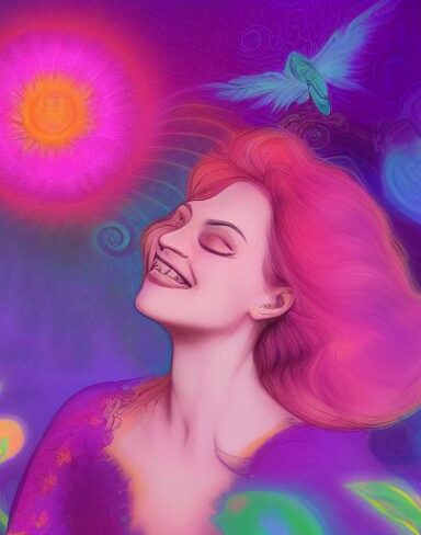 A digital 2D fantasy psychedelic artwork painting of a woman holding a laughing flower