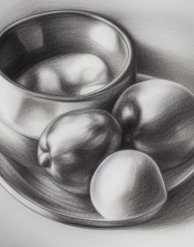 A drawing of a bowl of fruits