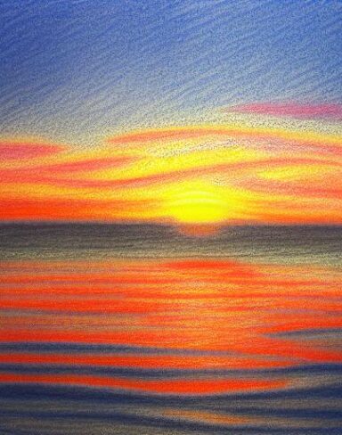 A drawing of a sunset near a sea