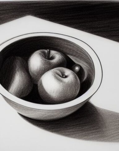 A drawing of fruit bowl on the table