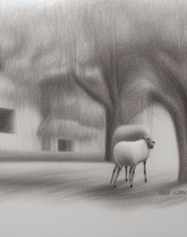 A drawing of sheep and trees with a house