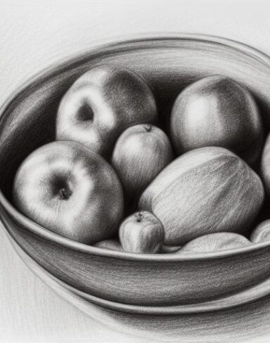 A drawing of the bowl of some fruits