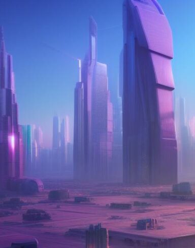 A futuristic city filled with lots of tall buildings and citizens
