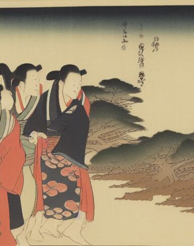 A group of people walking near a river