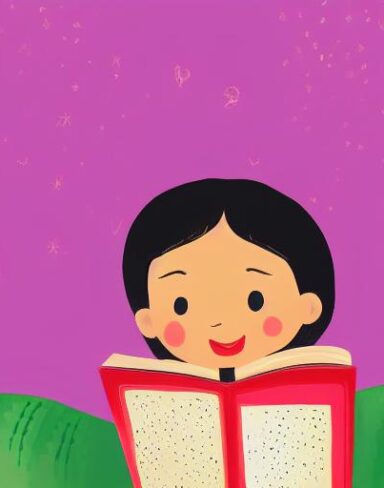 A little girl is reading a book