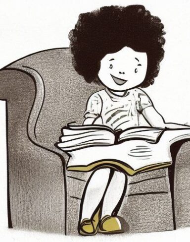 A little girl sitting on a chair reading a book