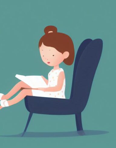 A little girl sitting on a chair reading a book