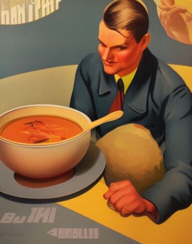 A man holding a spoon in front of a bowl of soup
