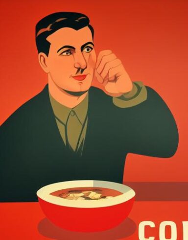 A man in front of a bowl of soup