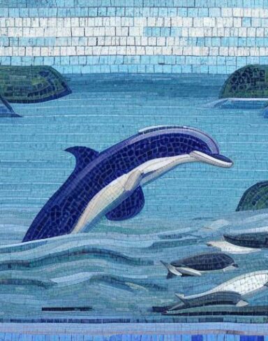 A mosaic of a dolphin in the costal inspired by Charles Ginner