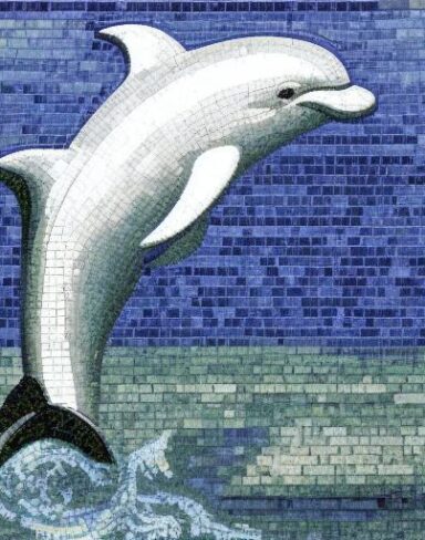 A mosaic of a dolphin swimming in the marine ocean inspired by Charles Ginner