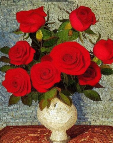 A mosaic of red roses in the vase