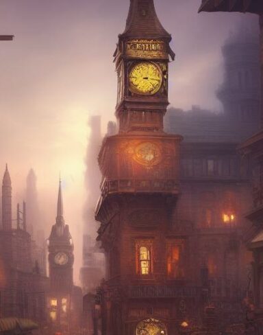 A painting of a city with a clock tower
