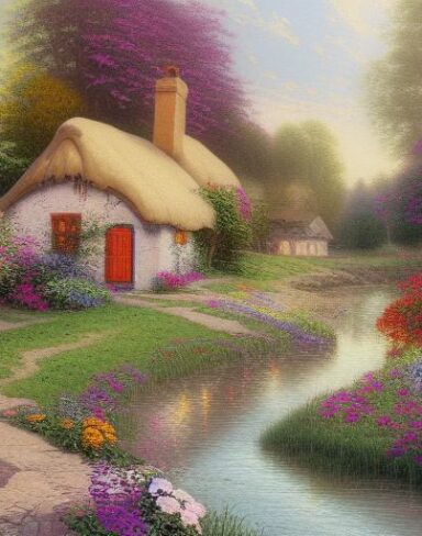 A painting of a cottage by a river with flowers