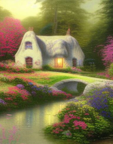 A painting of a cottage by a river with vivid flowers