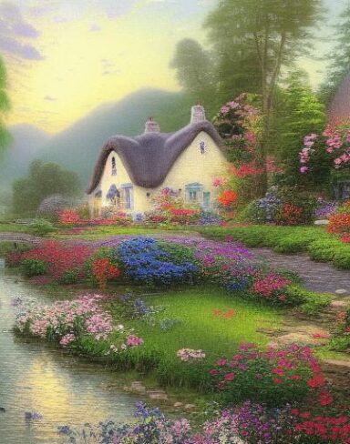 A painting of a cottage near a river with many flowers