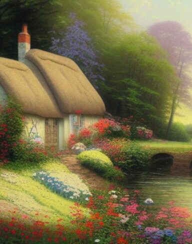 A painting of a cottage near a river with many flowers