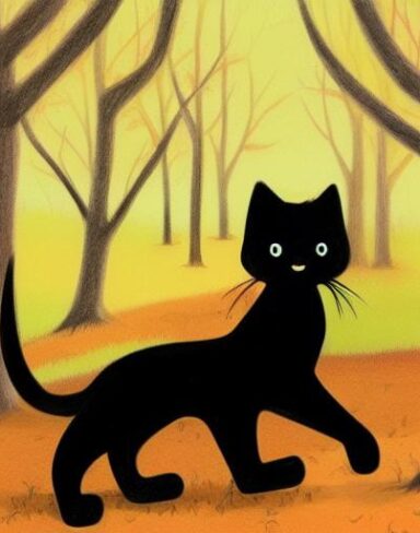 A painting of a giant black cat running in the autumn forest