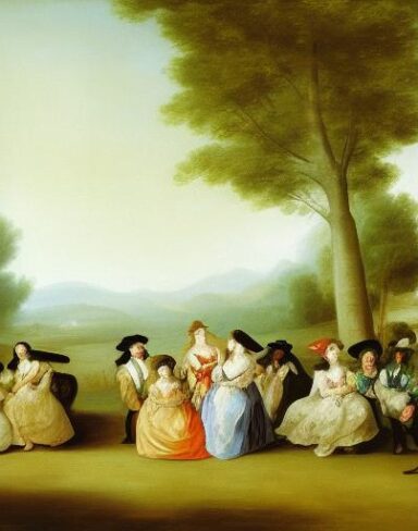 A painting of a group of couples having fun on the green land by Francisco de Holanda