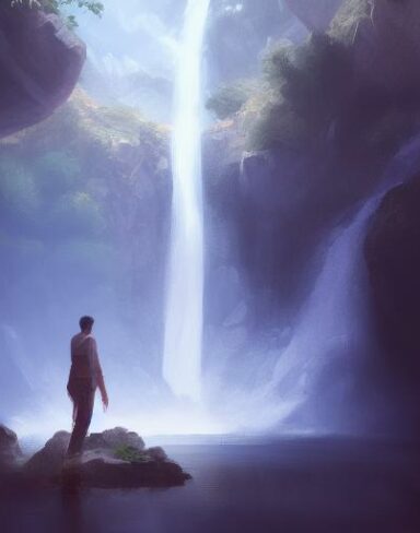 A painting of a man standing in front of a waterfall