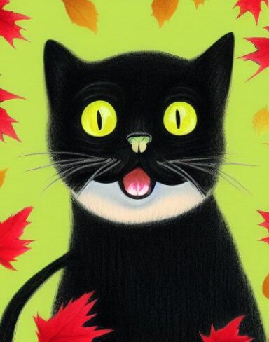 A painting of a smiling black cat in the autumn forest