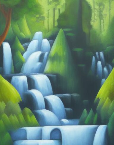 A painting of a waterfall with greenery in the background