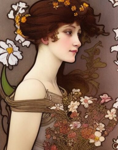 A painting of a woman with flowers in her brown hair