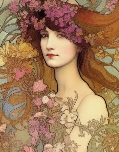 A painting of a woman with flowers in her hair