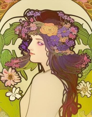 A painting of a woman with flowers in her hair
