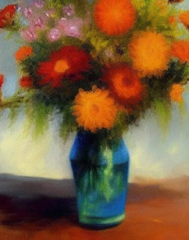 A painting of flowers in beautiful vase on the table