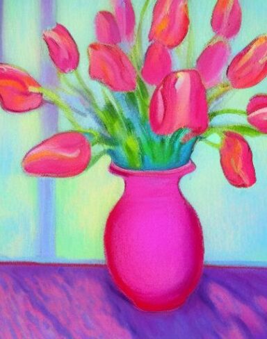 A painting of pink flowers in a vase
