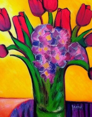 A painting of some pink flowers in a vase