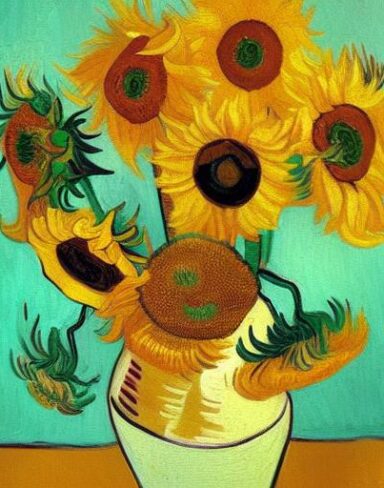 A painting of yellow sunflowers