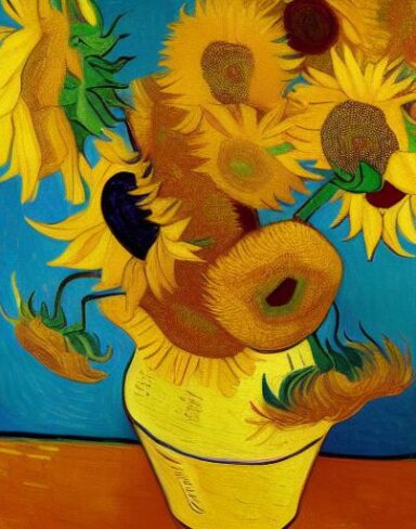A painting of yellow sunflowers
