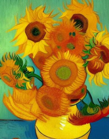 A painting of yellow sunflowers