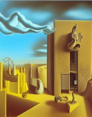 A painting on the side of a building with sculptures and sky