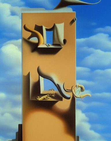 A painting on the side of a building with sculptures and sky