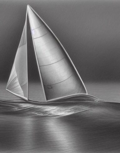 A pencil drawing of a sailboat in the water