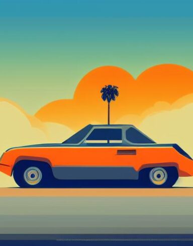 A retro orange car with palm trees