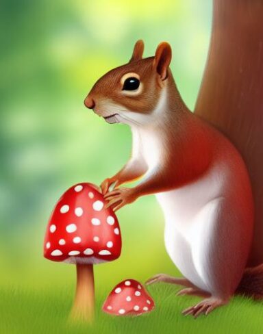 A squirrel standing near a mushroom