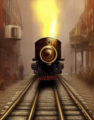 A steam engine train traveling through a city