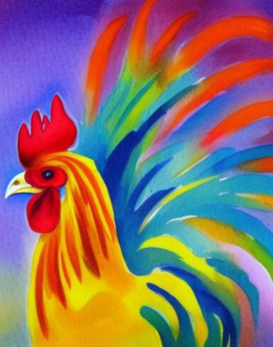 A watercolor painting of a rooster