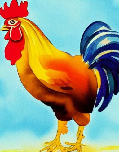 A watercolor painting of the rooster