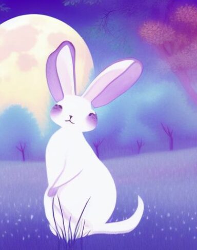 A white rabbit sitting in the middle of a forest in a serene moment under the moonlight