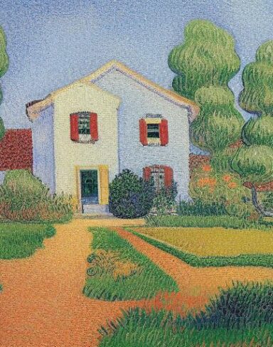An art painting of the house in garden