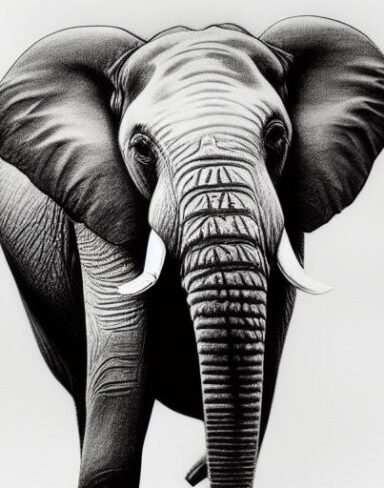 Black and white art drawing of an elephant