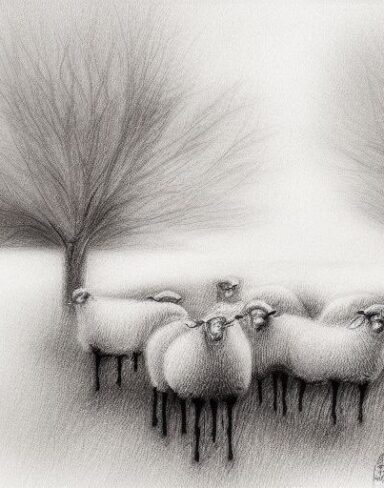 Black and white drawing of sheep and trees